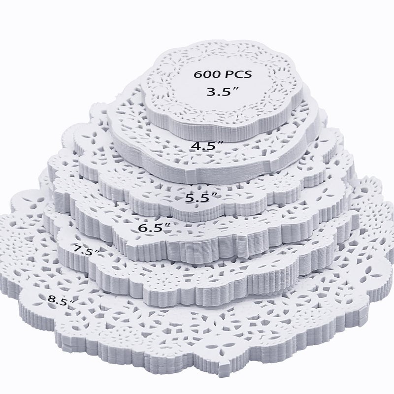 ZOENHOU 600 PCS Round Paper Doilies, 3.5, 4.5, 5.5, 6.5, 7.5, 8.5 Inch Lace Doily Paper, Bulk Round Decorative Paper Placemats for Desserts, Cakes - Image 1